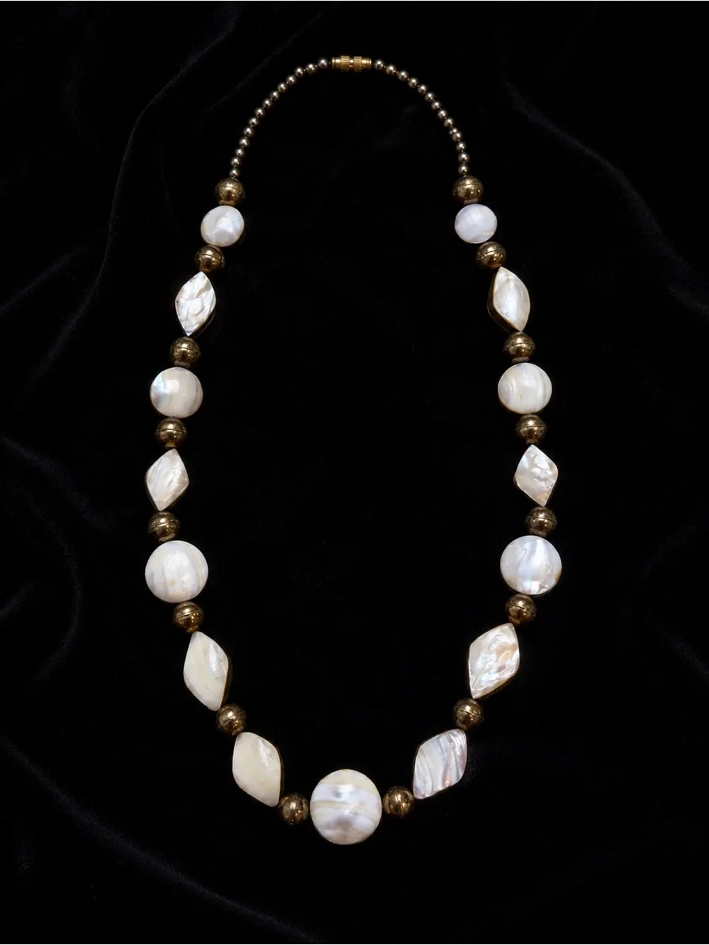 Mother of Pearl Shell & Bronze Tone Beaded Statement Necklace Vintage Boho Coast